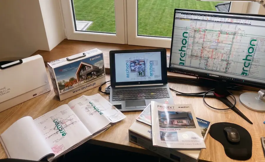 Adaptacja projektu gotowego Archon - dokumentacja projektowa i rzuty na ekranie w biurze ArKon